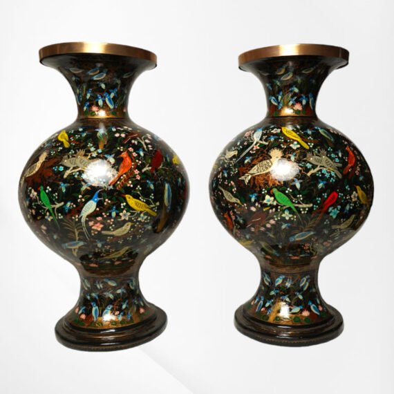 Embossed Birds Paradise Rounded Paper Mache Flower Vase (Set of 2)